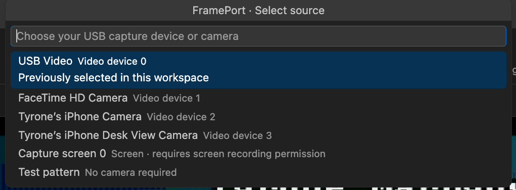 FramePort source picker