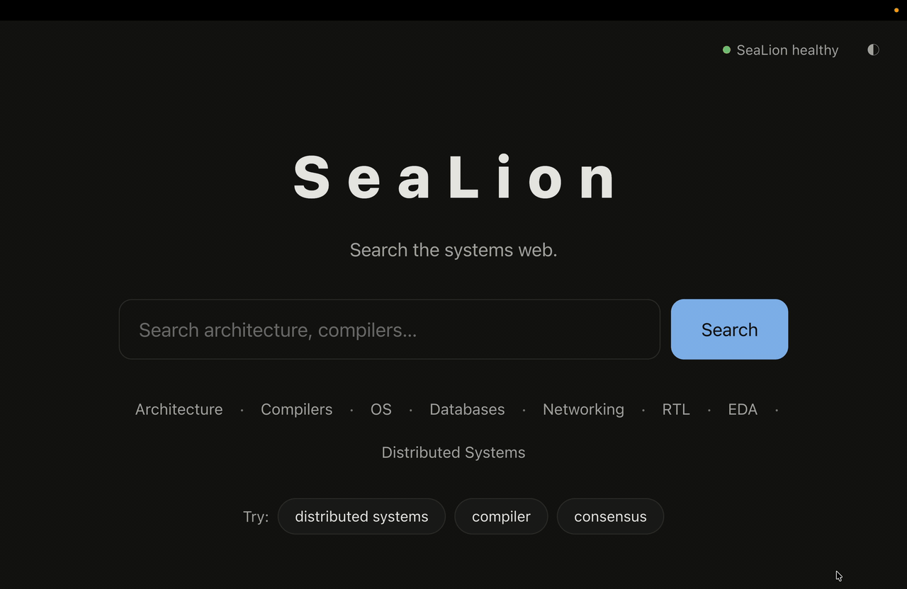 SeaLion demo — search page with BM25-ranked hits