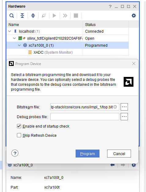Vivado Hardware Manager with top.bit programmed