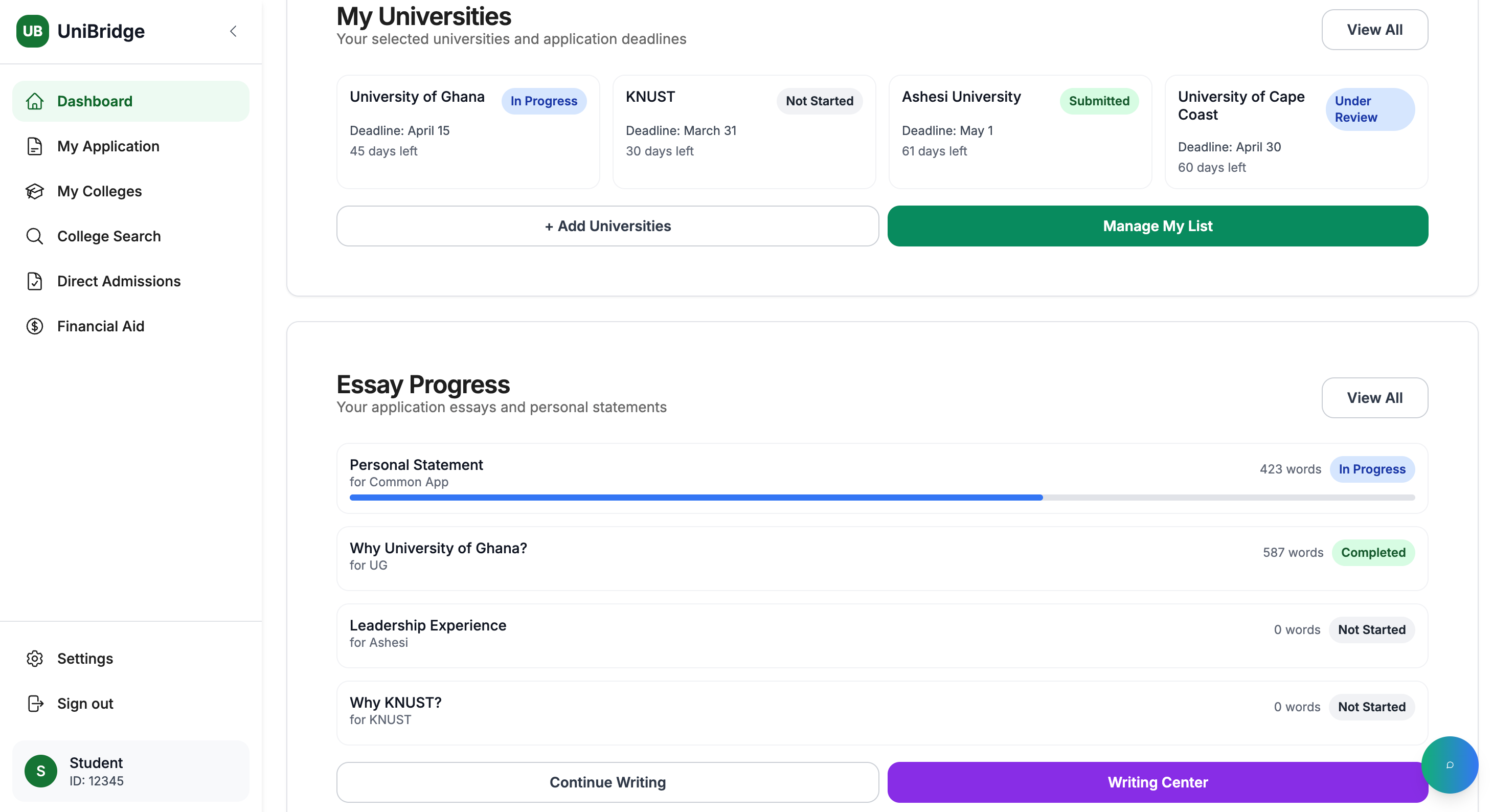 University analytics dashboard with institutional data and trends