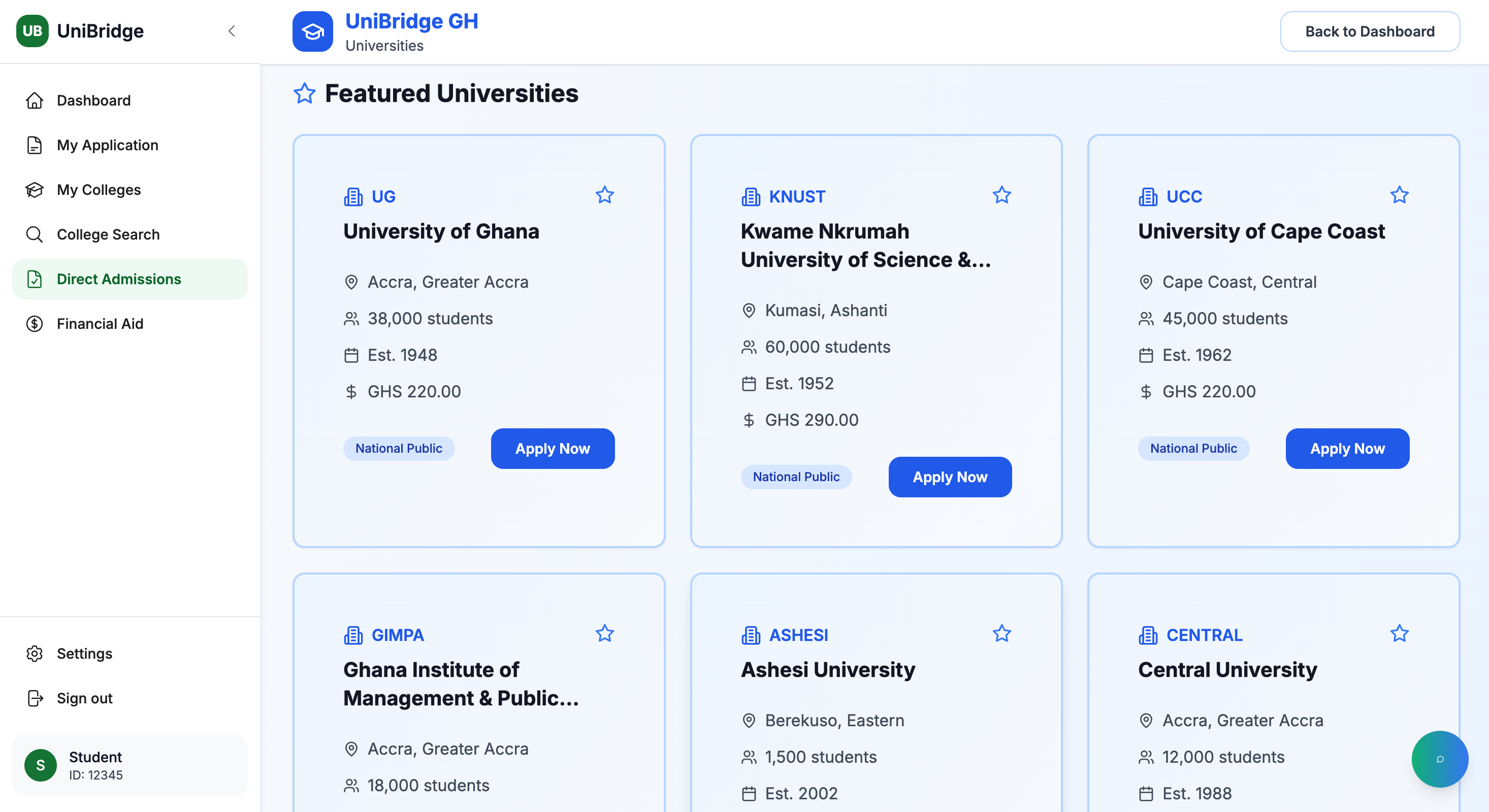 Fast-track admissions interface for qualified candidates