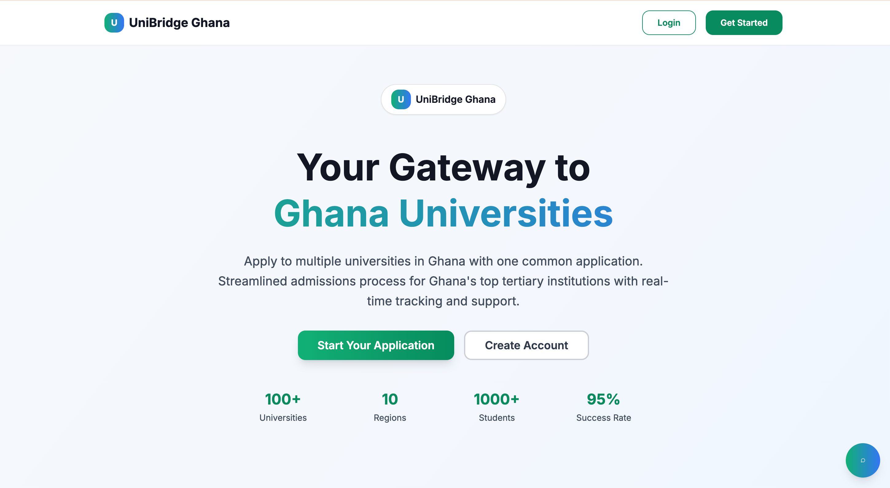 UniBridge Ghana landing page with call-to-action button and feature highlights