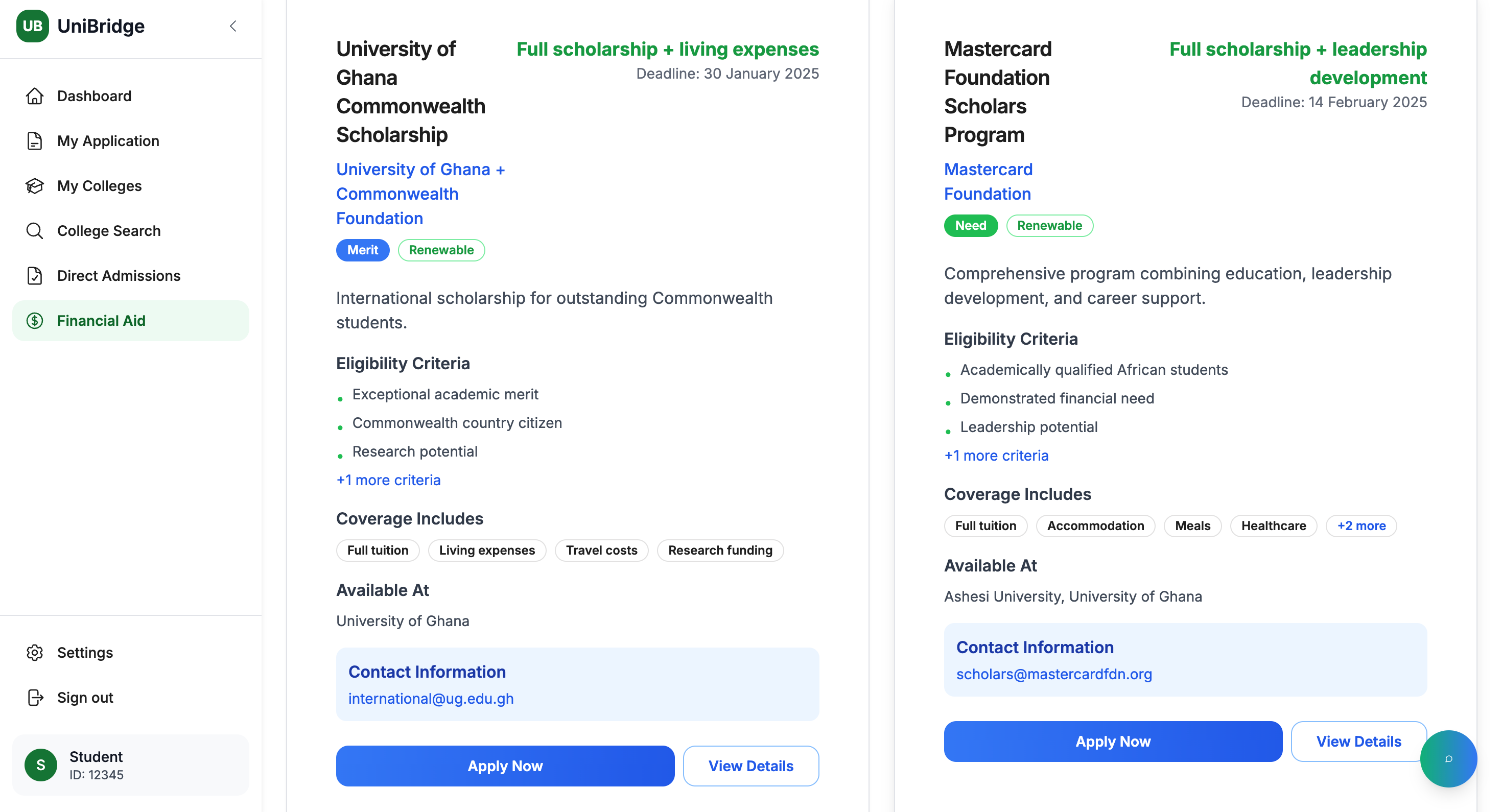 Scholarship search interface with filtering and application tracking